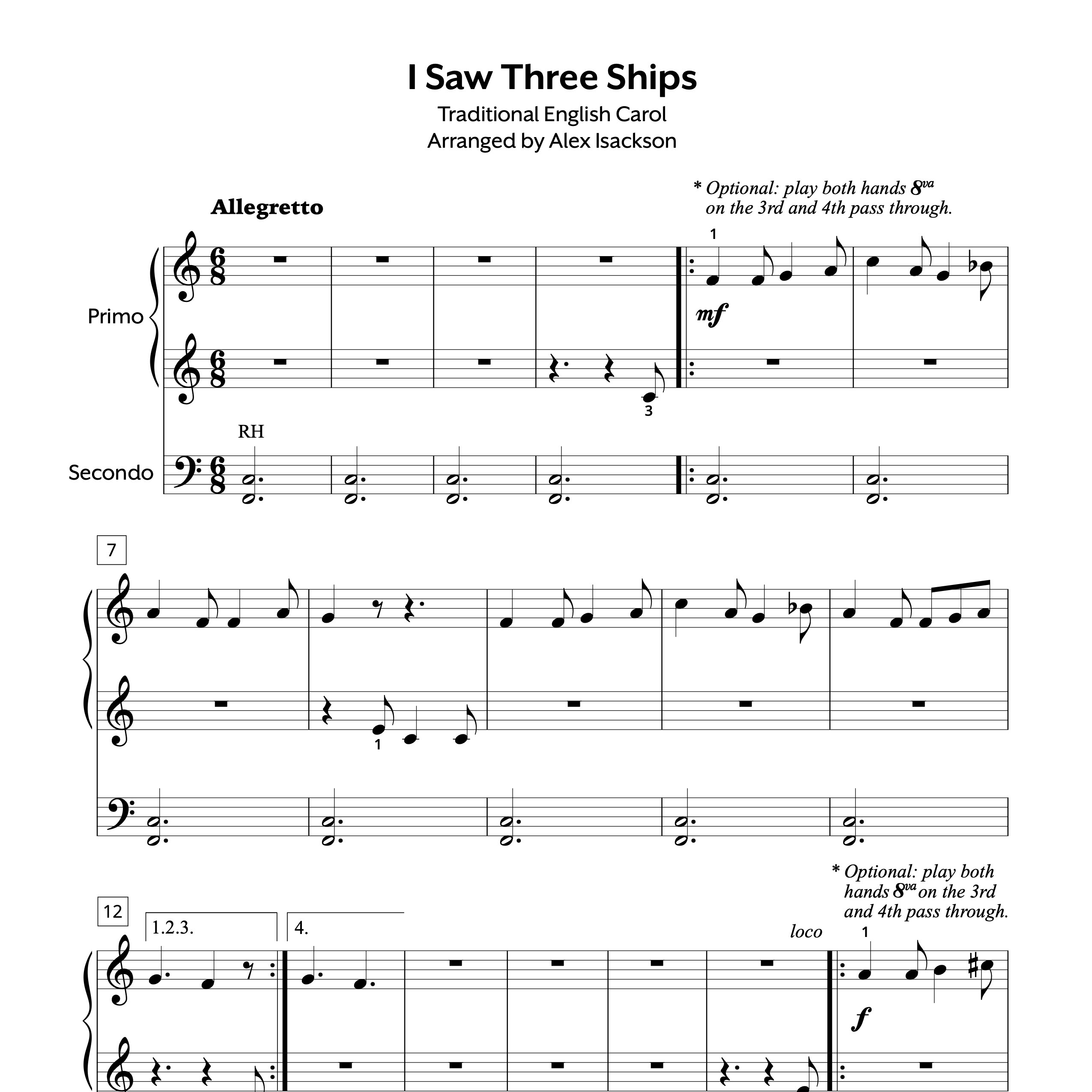 I Saw Three Ships Duet Sheet Music