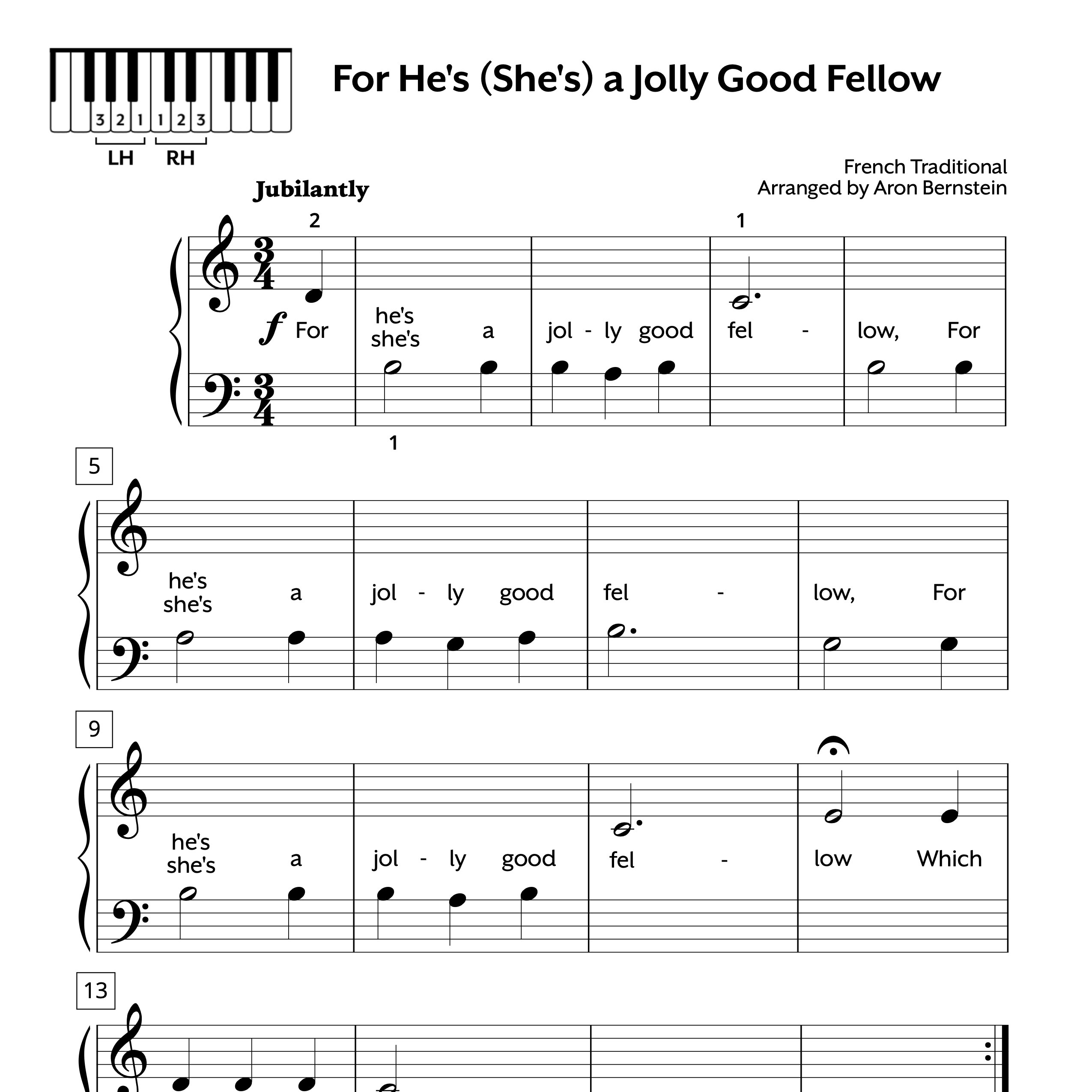 For He's (She's) a Jolly Good Fellow Early Elementary Sheet Music