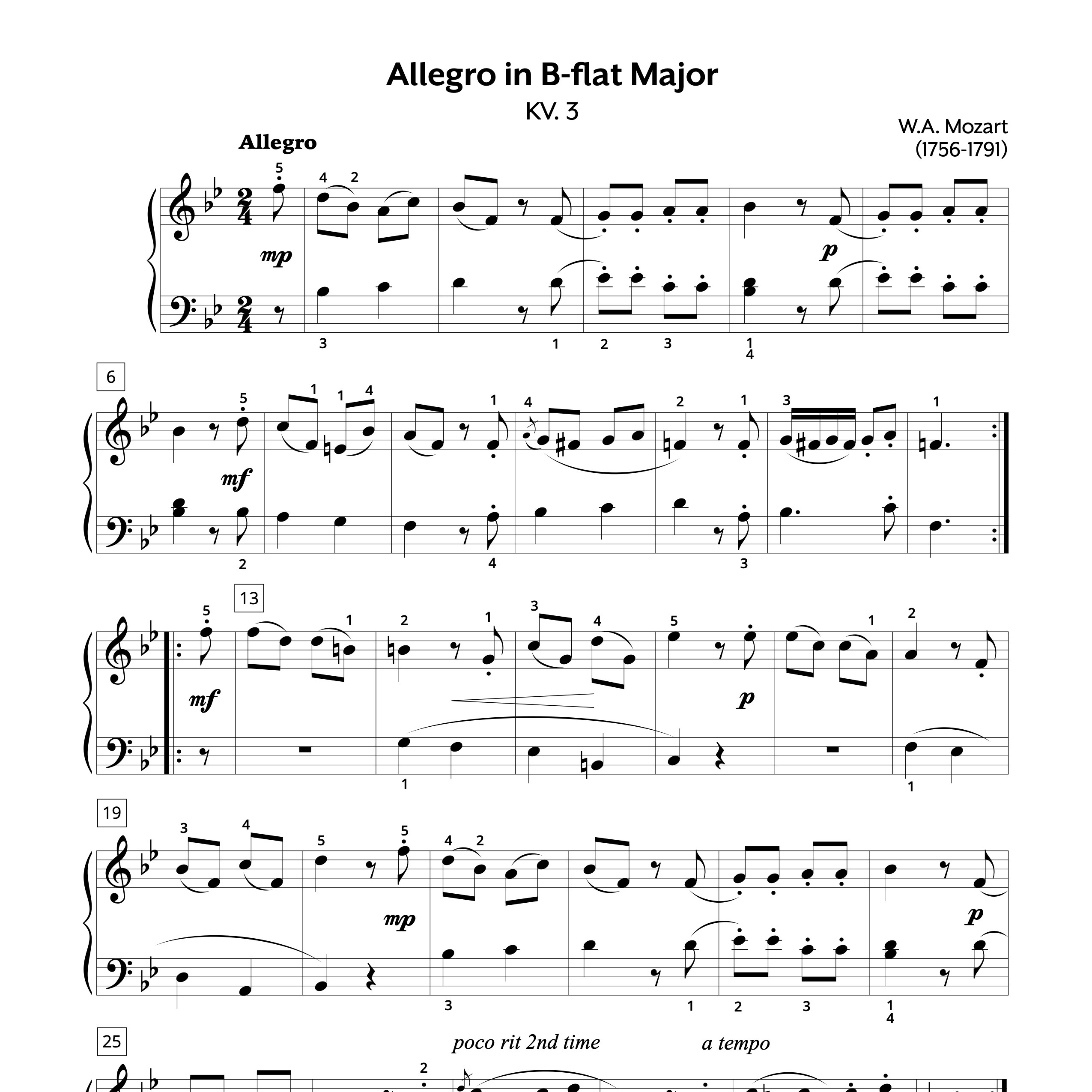 Mozart Allegro Bb KV. 3 Sheet Music