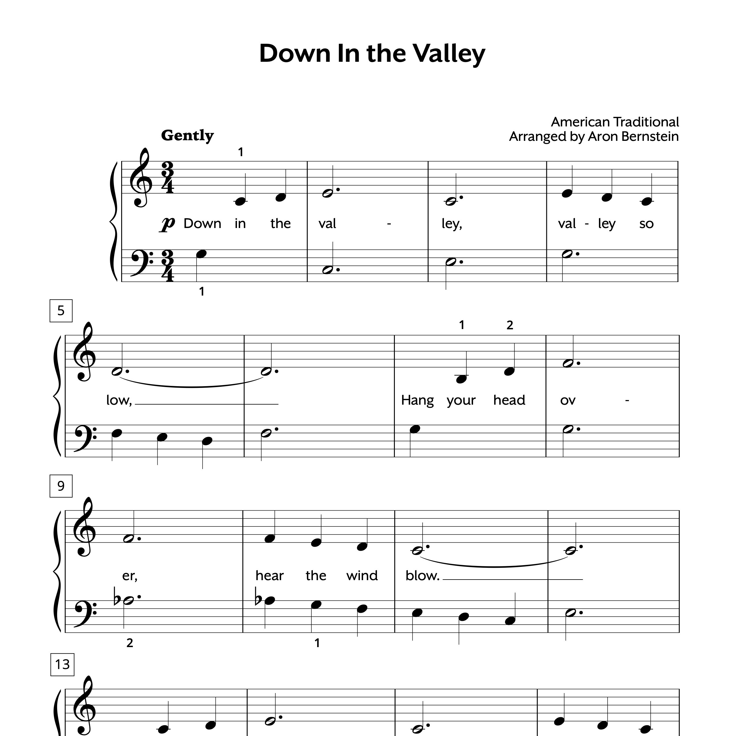 Down In the Valley Elementary Sheet Music