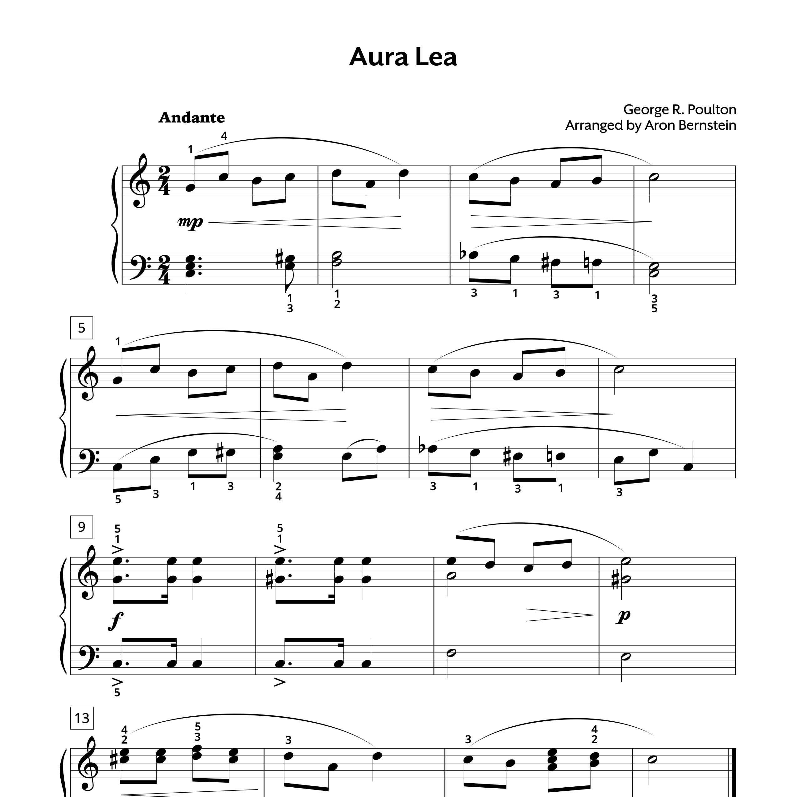 Aura Lea Early Intermediate Sheet Music