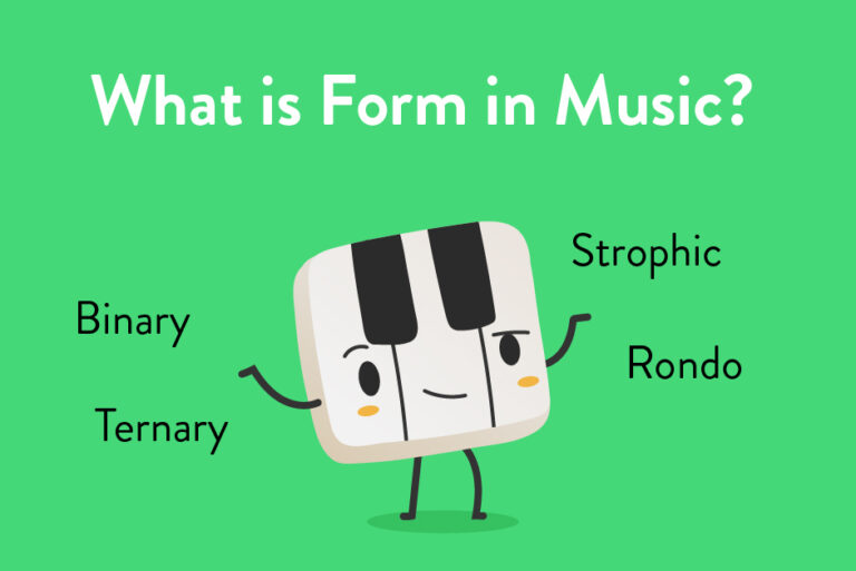 Piano note key graphic with words binary, ternary, strophic, and rondo